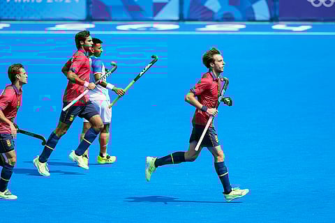 Spain's Marc Miralles, right, celebrates after scoring his side's first goal against India